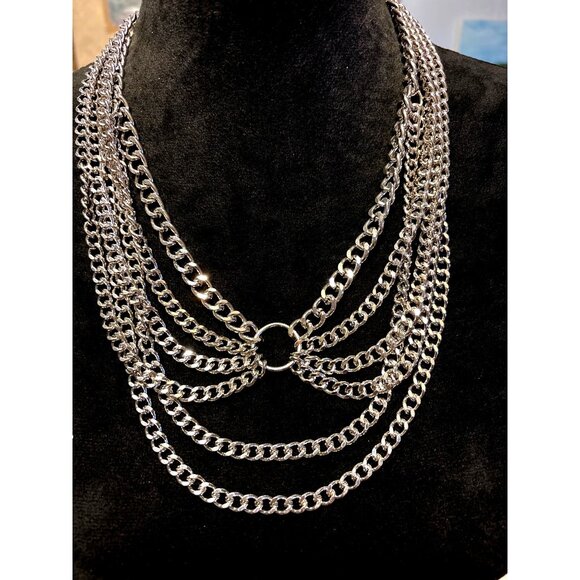Layered Statement Back Necklace Silver Tone Chunky Curb Chain Pattern Princess - Picture 5 of 10